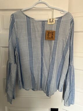 NWT PPLA Women’s Blue and White Striped Long-Sleeve Top Blouse SIZE LARGE